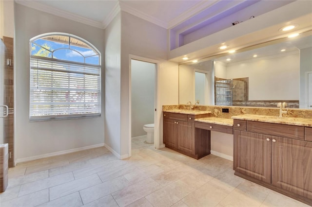 bathroom featuring an enclosed shower, tile patterned floors, vanity, toilet, and ornamental molding