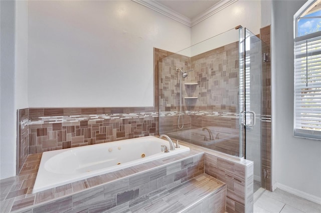 bathroom featuring shower with separate bathtub, ornamental molding, and tile patterned flooring