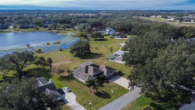 aerial view featuring a water view