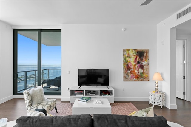 living room with dark hardwood / wood-style floors