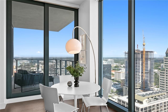 dining space with a healthy amount of sunlight, dark hardwood / wood-style flooring, and floor to ceiling windows