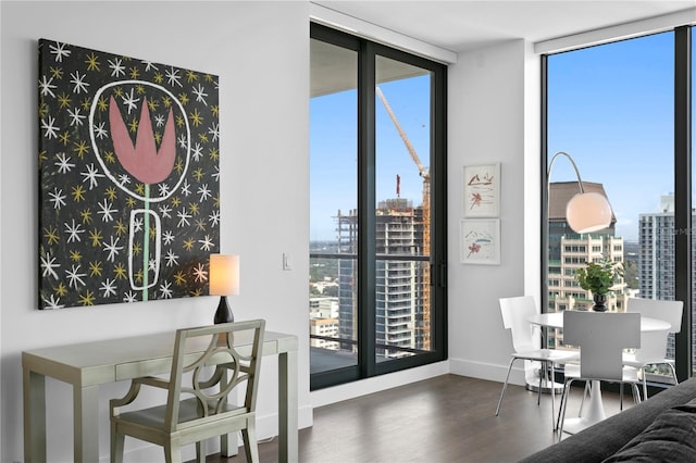 dining space with a wealth of natural light, a wall of windows, and dark hardwood / wood-style flooring