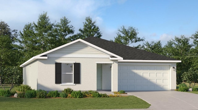 ranch-style house with a garage and a front lawn