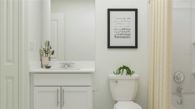 full bathroom with toilet, vanity, and shower / bath combination with curtain