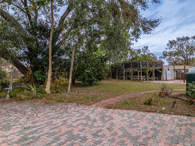 view of yard featuring a storage unit