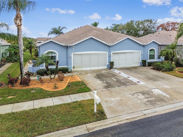 ranch-style house featuring a garage and a front lawn