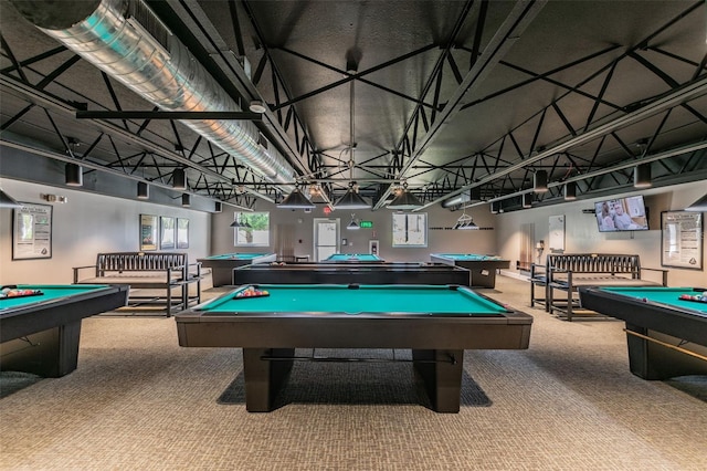 recreation room with carpet floors and pool table