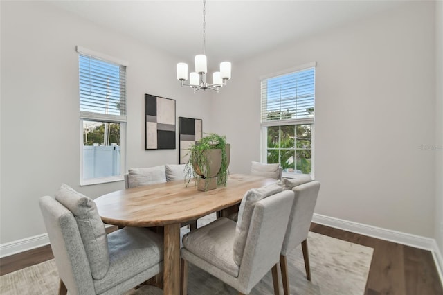 dining room featuring wood-type flooring and a chandelier