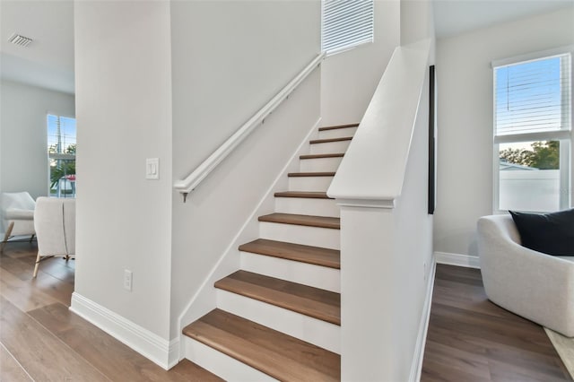 stairway with hardwood / wood-style floors