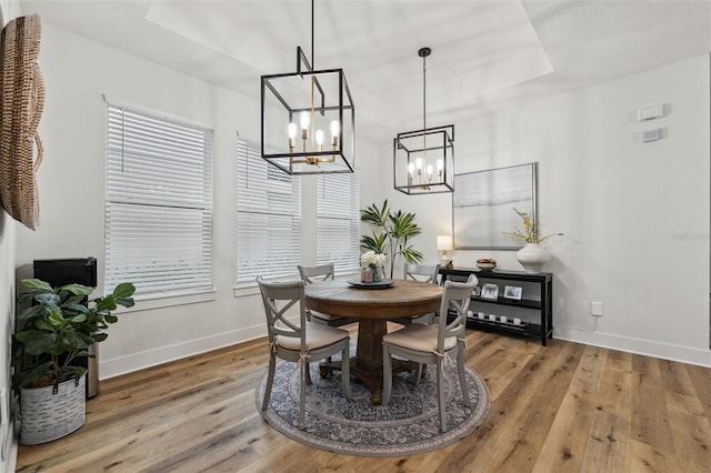 dining space featuring wood-type flooring and a tray ceiling