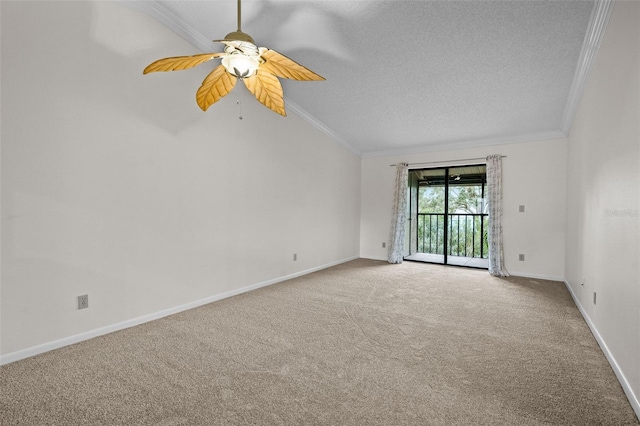 carpeted empty room with ornamental molding, a textured ceiling, and baseboards