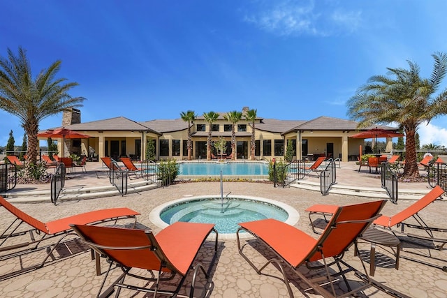 view of pool featuring a patio area and a hot tub