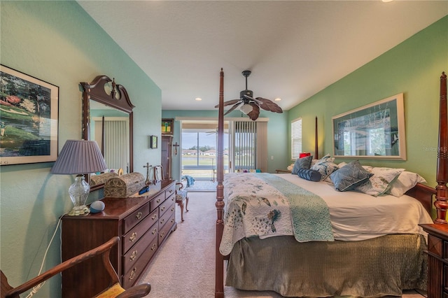 carpeted bedroom featuring ceiling fan and access to exterior