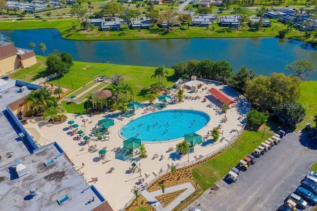 drone / aerial view with a water view