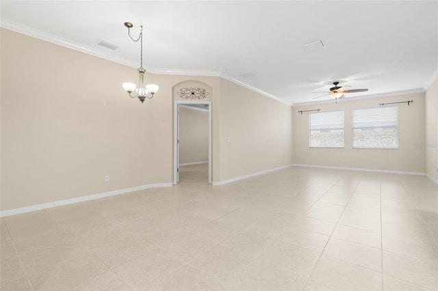 tiled empty room featuring ceiling fan with notable chandelier and ornamental molding