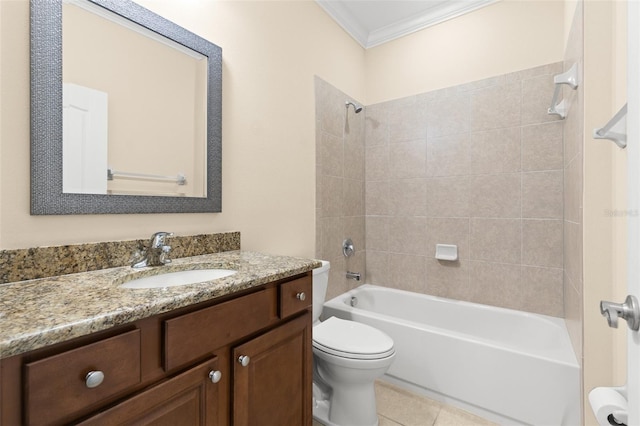 full bathroom with crown molding, tiled shower / bath combo, vanity, tile patterned floors, and toilet