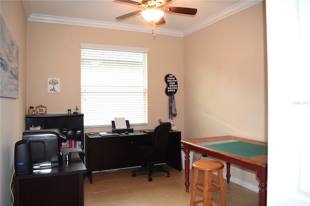 tiled home office with crown molding and ceiling fan