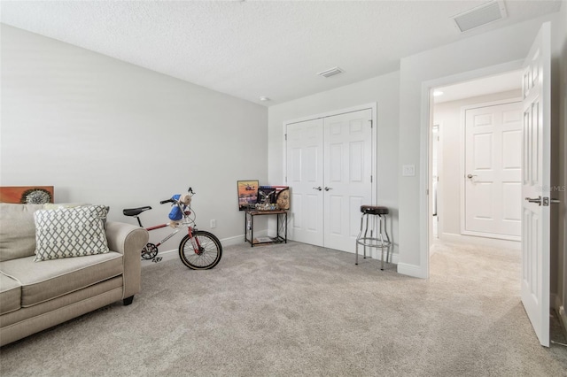 sitting room featuring a textured ceiling and light colored carpet