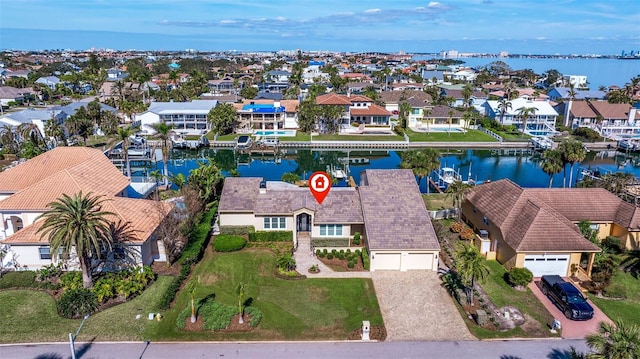 drone / aerial view featuring a water view