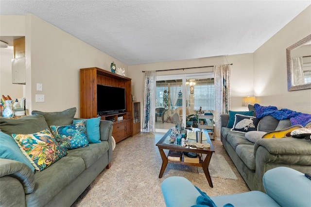 living room with a textured ceiling