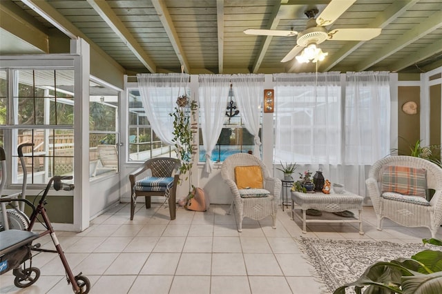 sunroom featuring ceiling fan and beamed ceiling