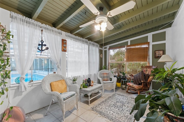 sunroom / solarium featuring ceiling fan, vaulted ceiling with beams, and wooden ceiling