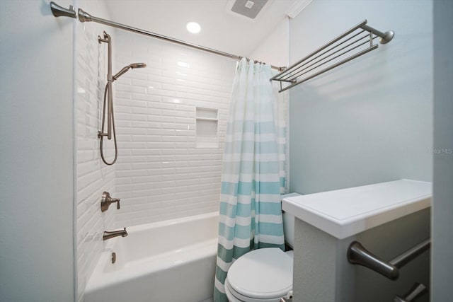 bathroom featuring toilet and shower / tub combo with curtain