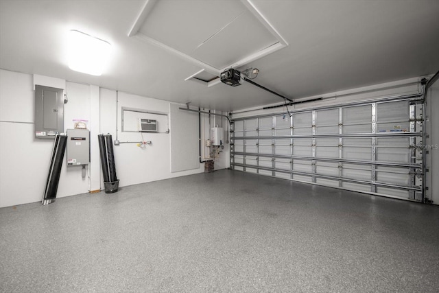 garage featuring a wall mounted air conditioner, electric panel, water heater, and a garage door opener