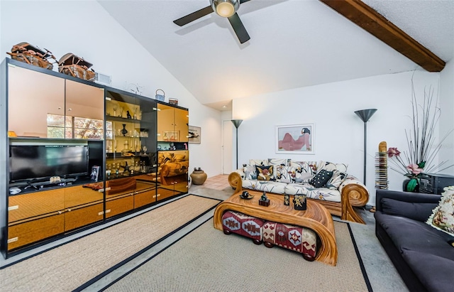 204 Lennox Rd W, W, Palm Harbor, FL 34683 - carpeted living room with beam ceiling, high vaulted ceiling, and ceiling fan
