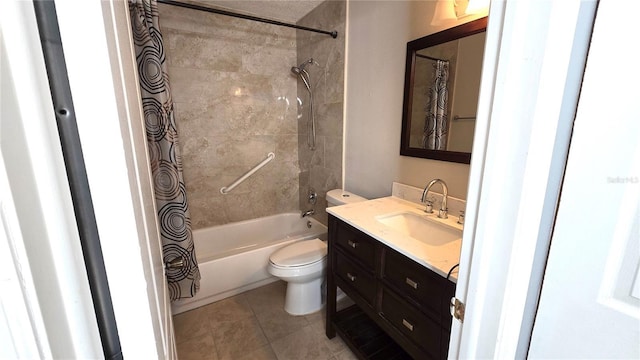 full bathroom with toilet, vanity, tile patterned floors, and shower / tub combo with curtain