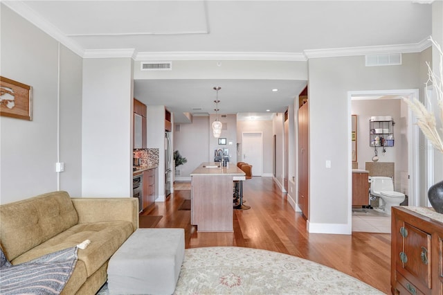 living room featuring light wood-type flooring, crown molding, and sink