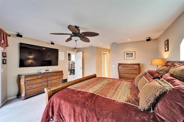 bedroom with ceiling fan and carpet