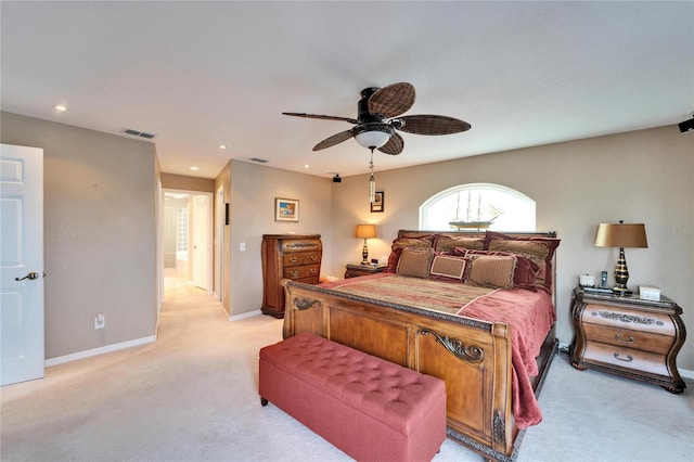 carpeted bedroom with ceiling fan