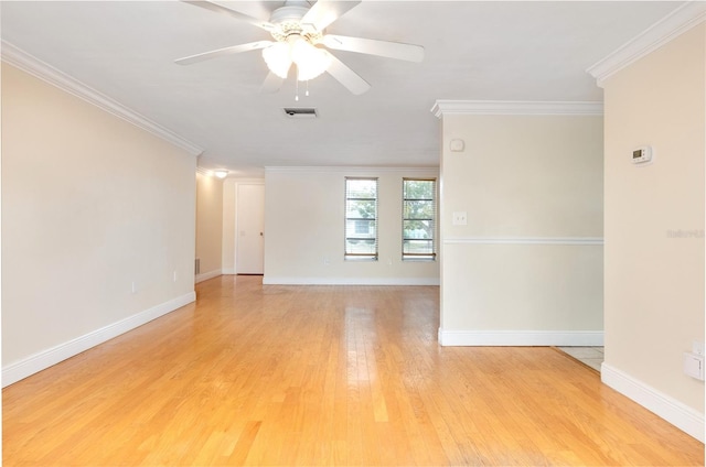 unfurnished room featuring light wood-type flooring, ceiling fan, and ornamental molding