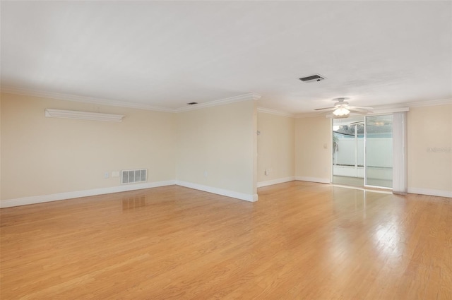 unfurnished room featuring ceiling fan, light hardwood / wood-style flooring, and crown molding