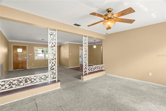 interior space with ceiling fan and carpet floors