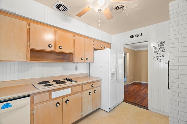 kitchen with ceiling fan, light brown cabinets, and white appliances