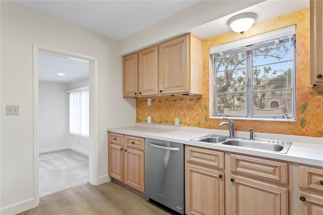 kitchen with light wood-type flooring, a healthy amount of sunlight, dishwasher, and sink