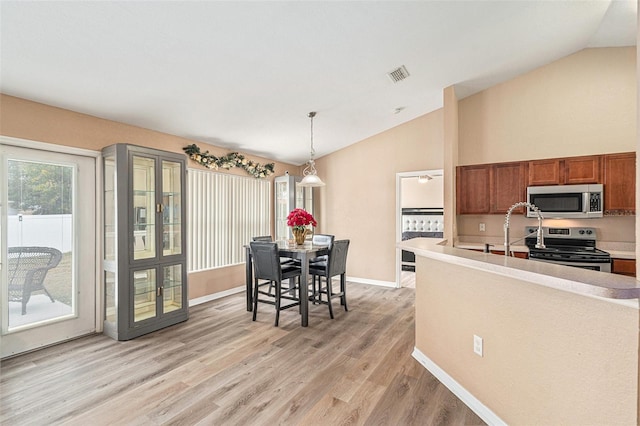 kitchen with light hardwood / wood-style floors, vaulted ceiling, hanging light fixtures, and appliances with stainless steel finishes