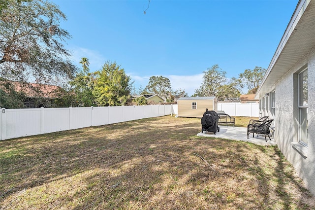 view of yard featuring a patio and a storage unit