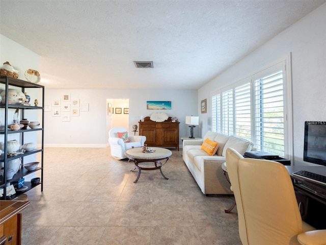 living room featuring a textured ceiling