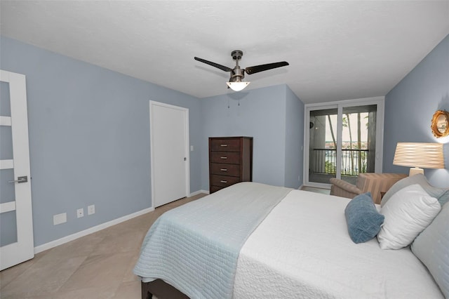 bedroom with ceiling fan and access to exterior