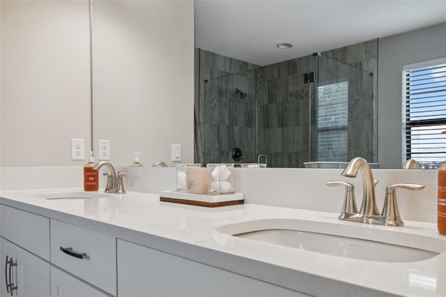 bathroom featuring vanity and a shower with shower door