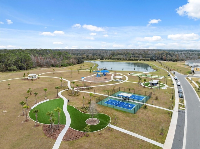 bird's eye view with a water view