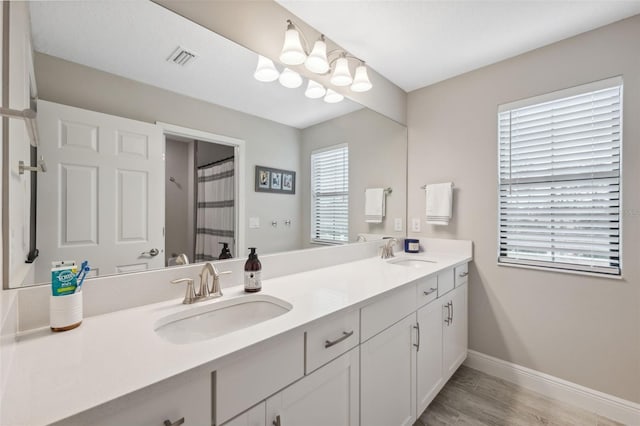 14786 Horse Trot Rd, Lithia, FL 33547 - full bath with baseboards, wood finished floors, double vanity, and a shower with shower curtain