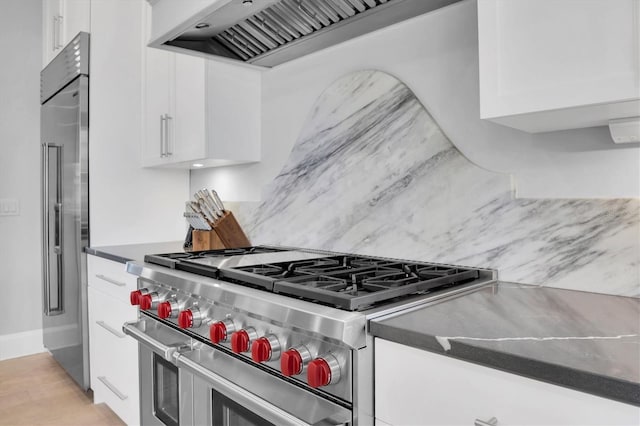 kitchen with premium range hood, white cabinetry, tasteful backsplash, and high quality appliances