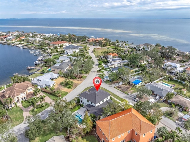 aerial view featuring a water view