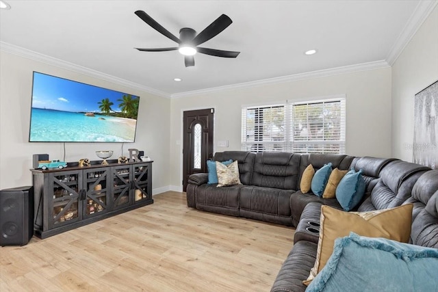 living room with crown molding, ceiling fan, and light wood-type flooring