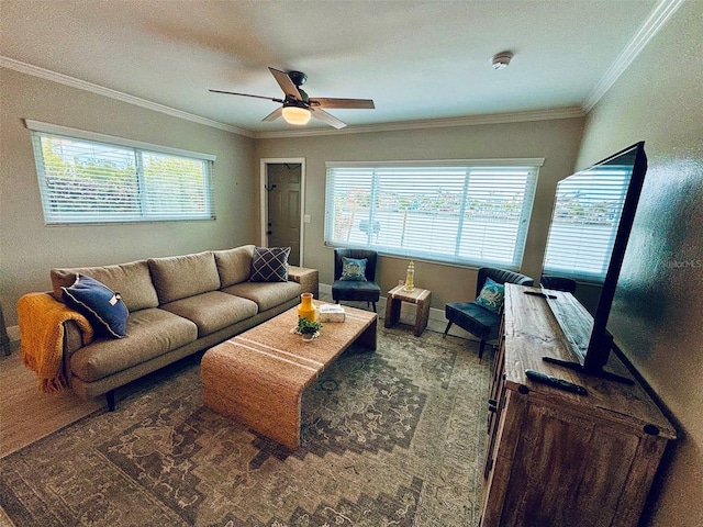 living room with ceiling fan and crown molding