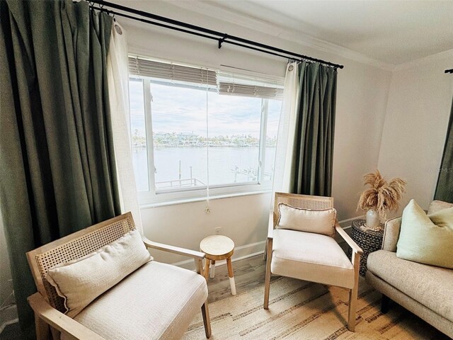 living area with light hardwood / wood-style floors, ornamental molding, a water view, and a healthy amount of sunlight